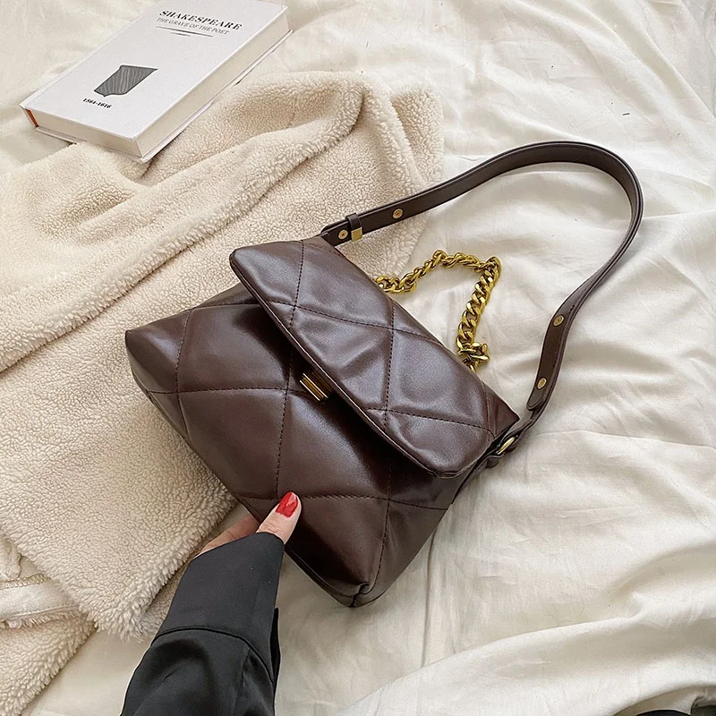 Retro diamond simple chain all-match trendy PU soft leather women handbags