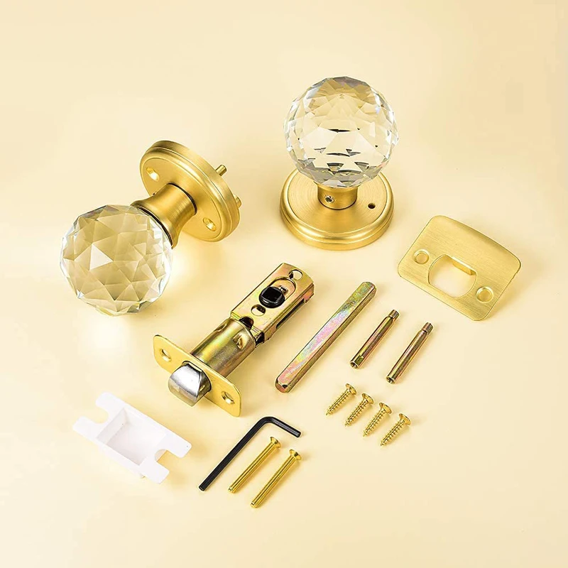 Satin Brass Crystal Glass Door Knobs Interior with Lock Privacy Bathroom Bedroom Gold Door Knobs Door Lock