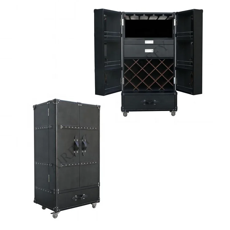 Vintage Real Leather Steamer Trunk Wine Bar Cabinet Aluminum Aviator Style Wine Cabinet Liquor Cabinet Trunk Steamer for Sale