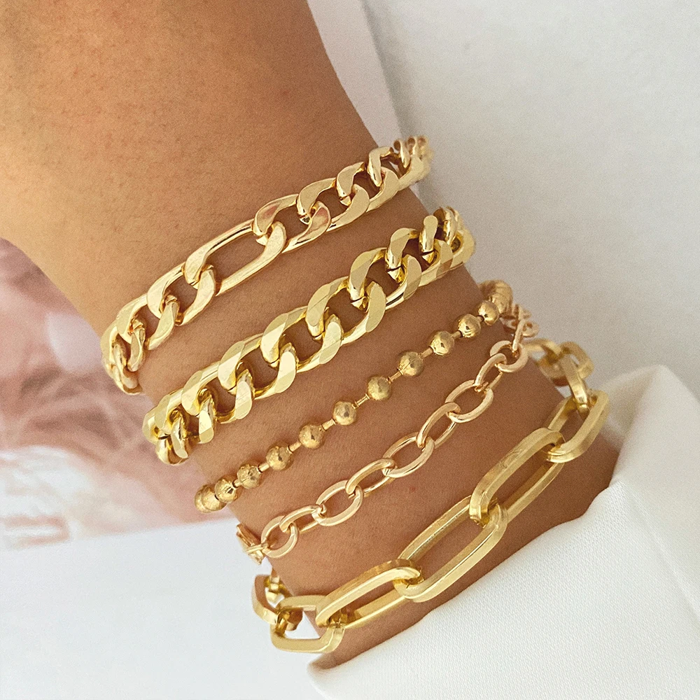 5pcs/set Fashion Gold plated Chain Link Bracelet Chunky Creative Stacked  Thick Multi-layer Bracelet For Women Jewelry Set