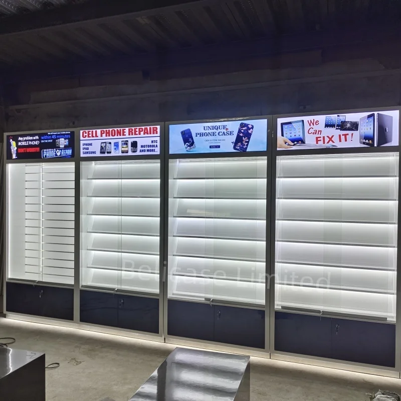 High Quality Mobile Store Repair and Accessories Showcase Fixture Cellphone Accessories Display Cabinet Stand with LED  Light