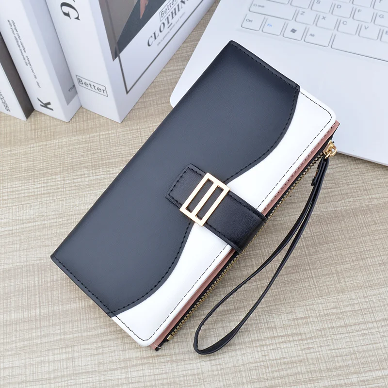 Fashionable Long Women Wallet Multi Card Bag Zipper Snap Button Wallet Contrast Soft Leather Wallet Handheld