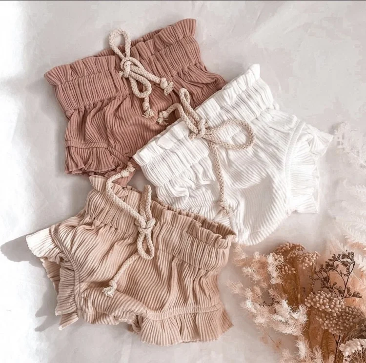 Wholesale 3 PCS Organic Cotton Baby Girl Jumpsuit Rompers Shorts NewBorn Baby Girl Ruffle  Baby Clothing Set With Headband