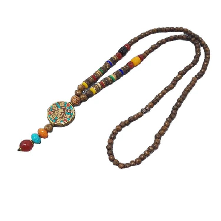 Handmade Nepal Jewelry Buddhist Mala Wood Beads Pendant Necklace Ethnic Horn Fish Long Statement Necklace For Women Men