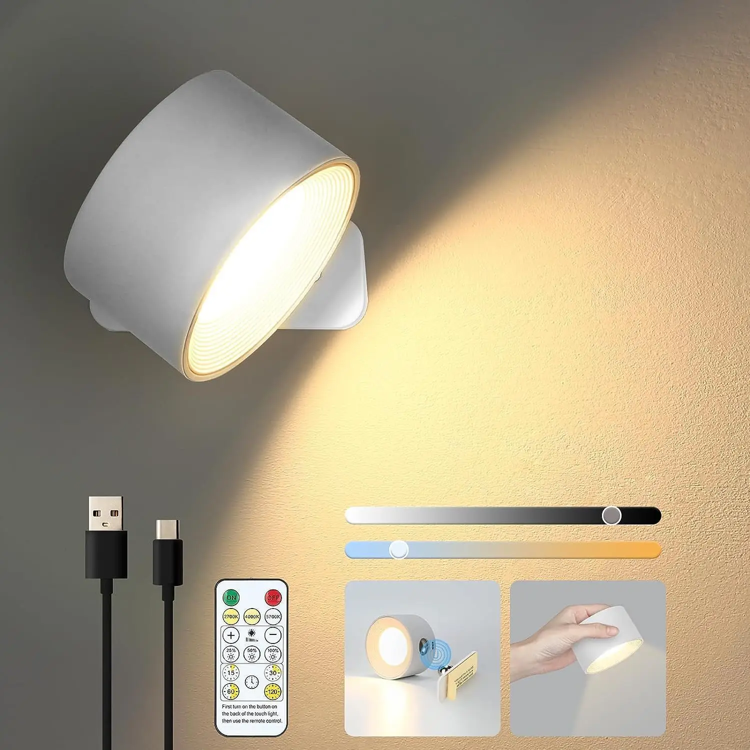 3 Brightness 3 Colors Cordless Wall Light Battery Operated Wall Mounted Lamp Rotate Magnetic Remote LED Wall Sconces