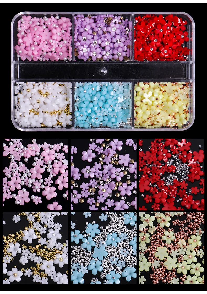 New design 6 grid five petal resin flower Mixed 3D Acrylic Flower nail Charms For Nails decoration