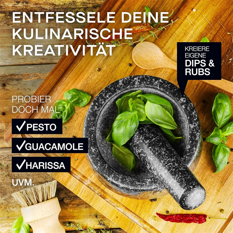 Natural Granite Mortar and Pestle set with oak wood base