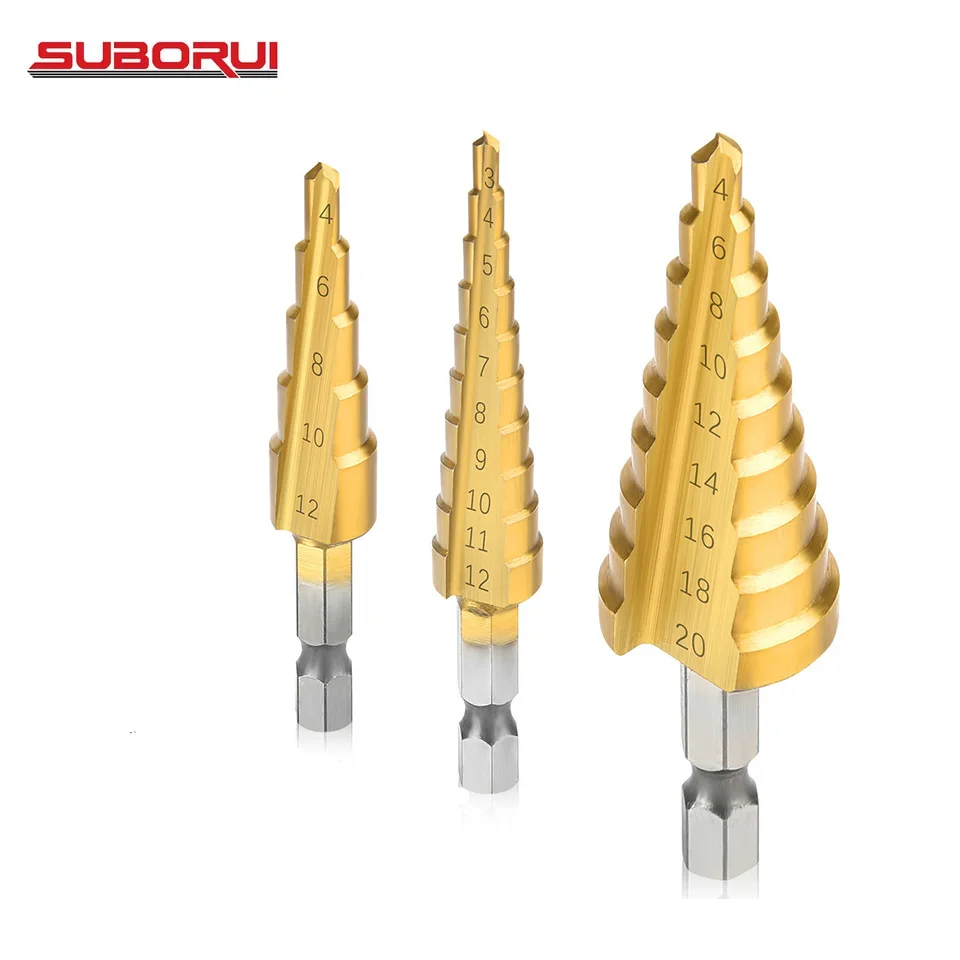 SUBORUI 4241 3 шт. HSS шестигранный хвостовик сталь титановые ступенчатое сверло 3-12 мм 4-12 4-20 набор сверл по дереву
