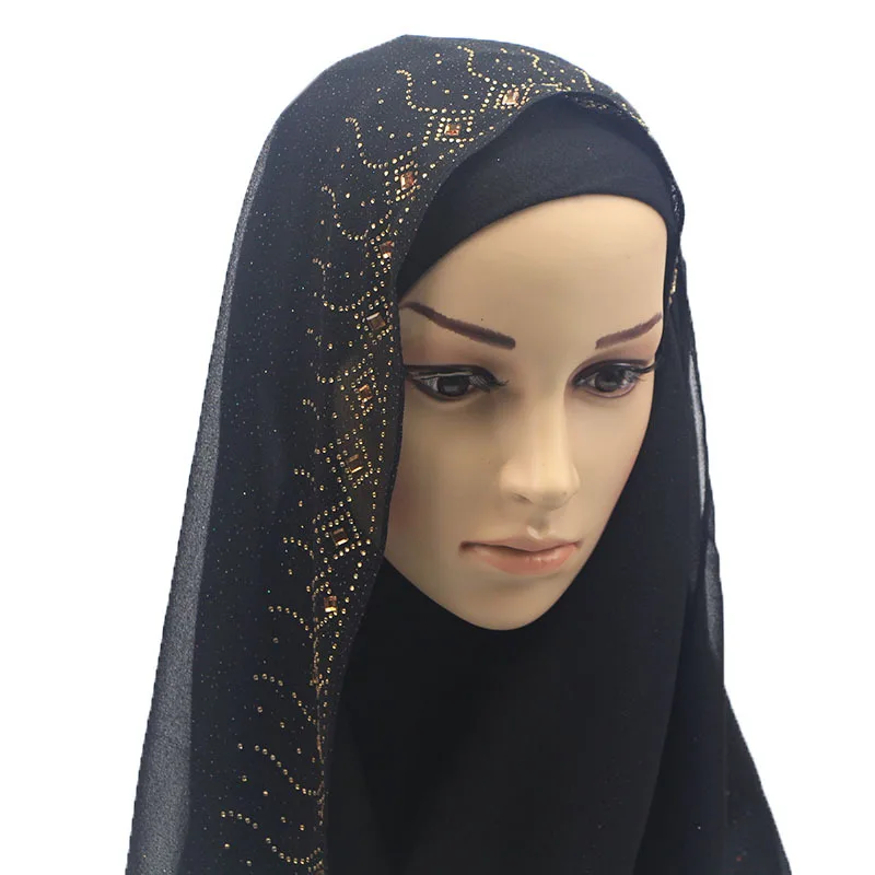 Wholesale turban pearl chiffon gold and hot diamond long scarf women gauze hijab