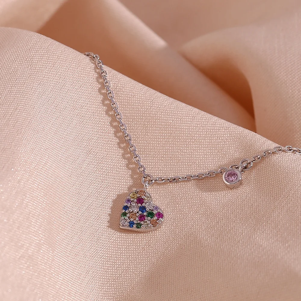 Rhodium Plated Crystal Rhinestone Heart Charm Love Bracelet 925 Sterling Silver for Women