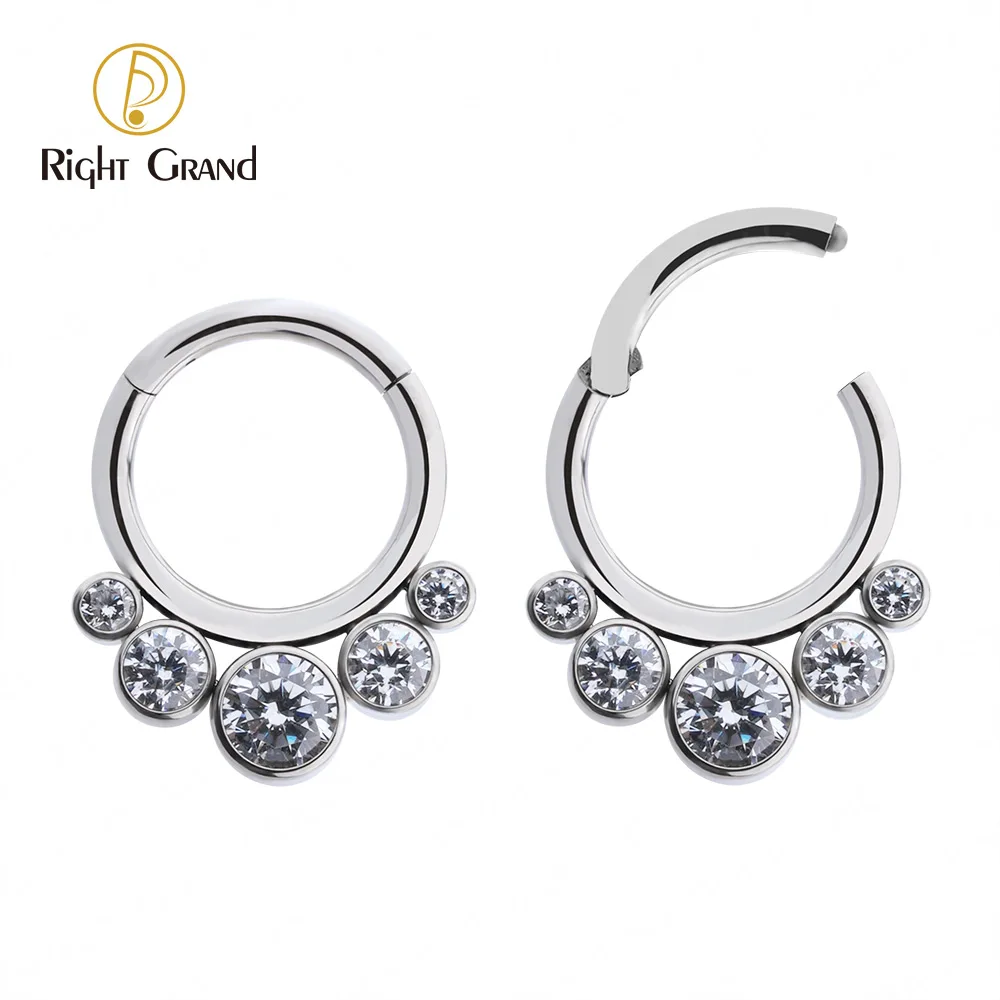 ASTM F136 Titanium Bezel Setting Cubic Zircon Round Nose Clicker Piercing Jewelry