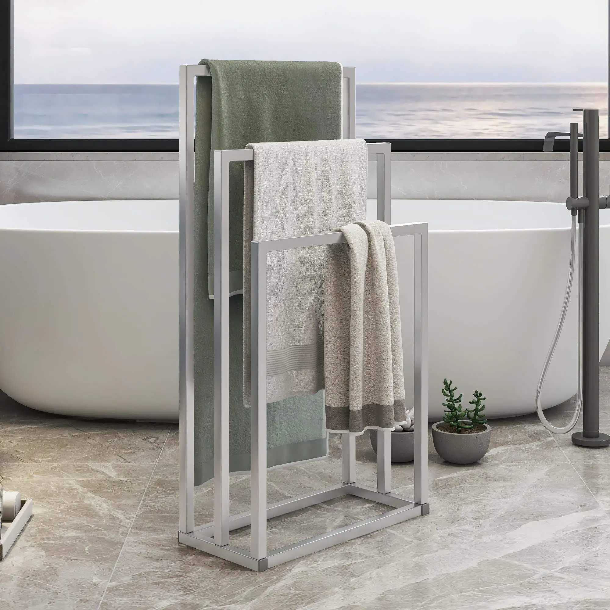 3 Tiers White Metal Towel Rack 3 Bars Freestanding Towel Holder Drying Shelf Stand Towel Bar Storage