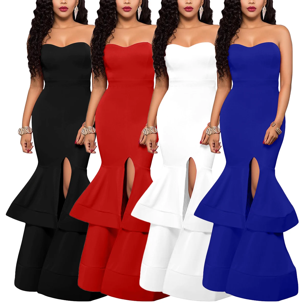 Woman Sexy Off Shoulder Bodycon Cake Skirt Leg Slit Formal Party Evening Dresses