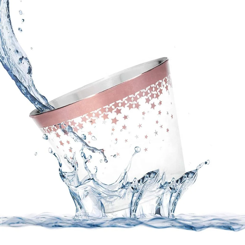 Elegant Rose Gold Rimmed 9 oz Clear Plastic Tumblers Cup