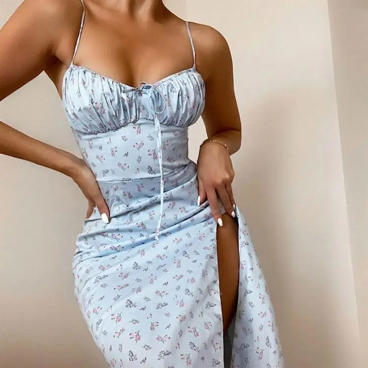 2024 Floral Print Slit Side Drawstring Sleeveless Strap Deep Square Neck Elegant Casual Dress Women Summer Fashion Wholesale