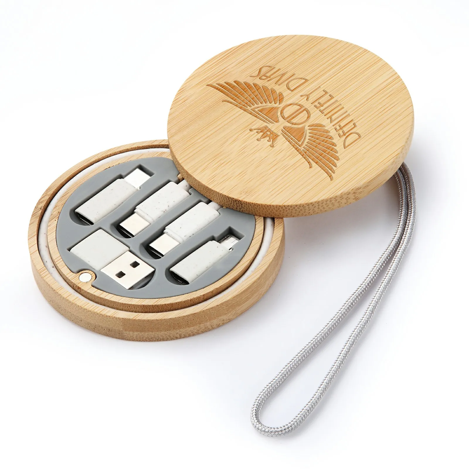 Factory Custom Logo Eco-Friendly Bamboo Wood Storage Box with C-C Cable Adapters Type-C USB Micro USB Multi Charging Cables