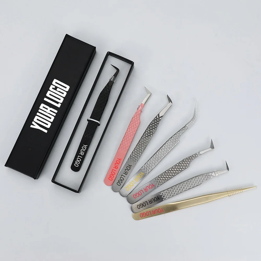 Custom Logo Fiber Tip Lash Tweezers Thin Straight Volume 45 90 Degree Extension Stainless Steel Skinny Boot Tweezers Applicator