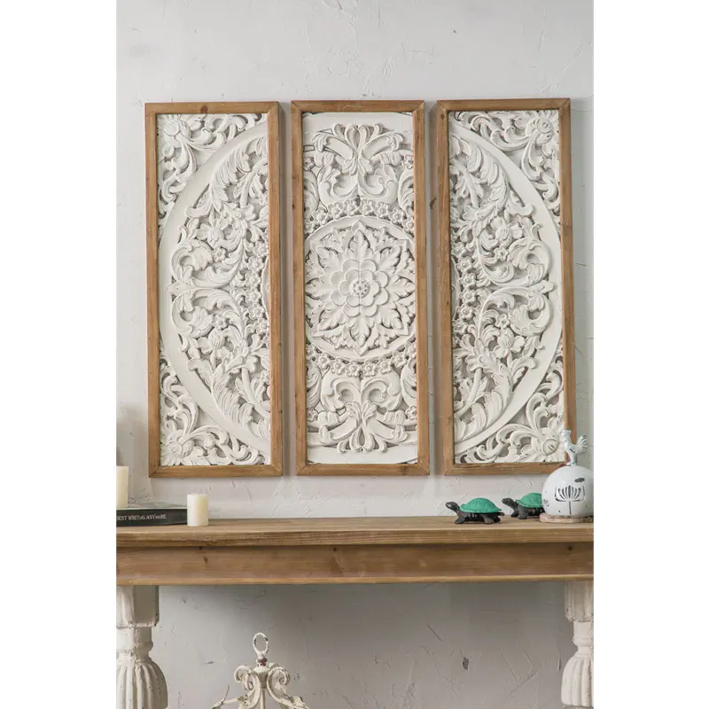 Minhui Unique Handmade Home Decor Antique White Wooden Wall Panel Carved Hanging Wooden Wood Wall Decor
