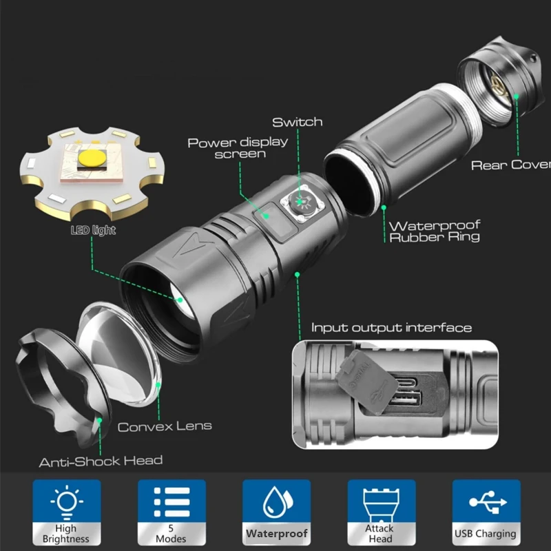 Powerful Tactical Handheld Spotlight Flash light Battery Usb Rechargeable Powerful  Underwater Waterproof Lamp Torch Flashlights