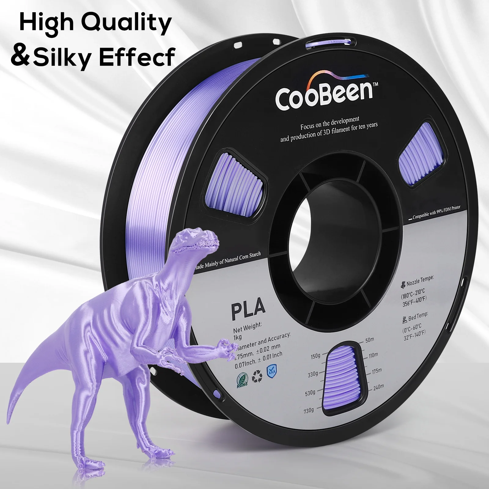 CooBeen High Quality 3D Printer Filament SILK PLA 1.75mm/1kg 2.2lb Spool Reel Neat Winding Factory