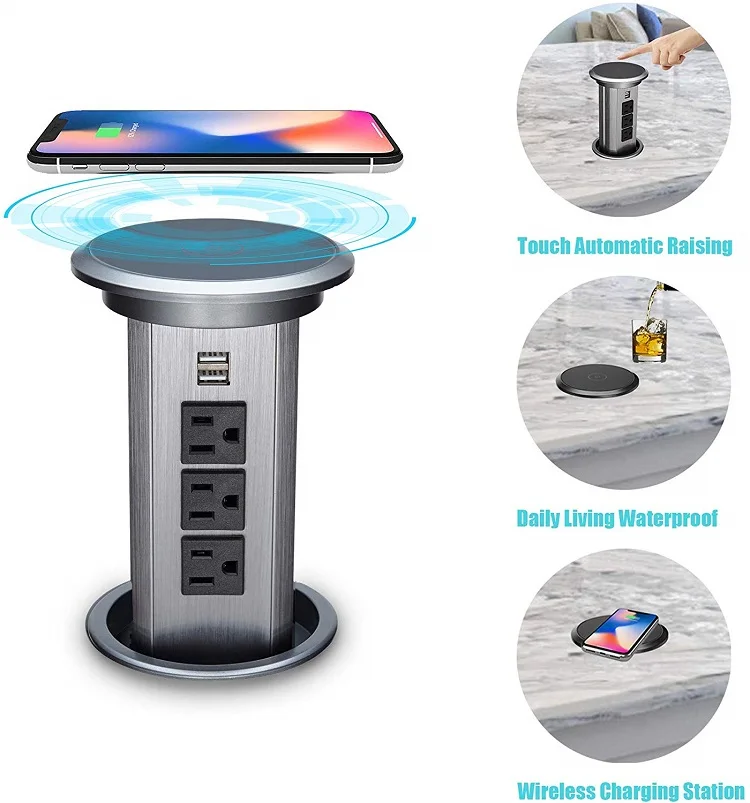 Electric Lifting Sockets Hidden Tabletop Pop Up Retractable Outlet With USB Wireless Charging for Kitchen Office