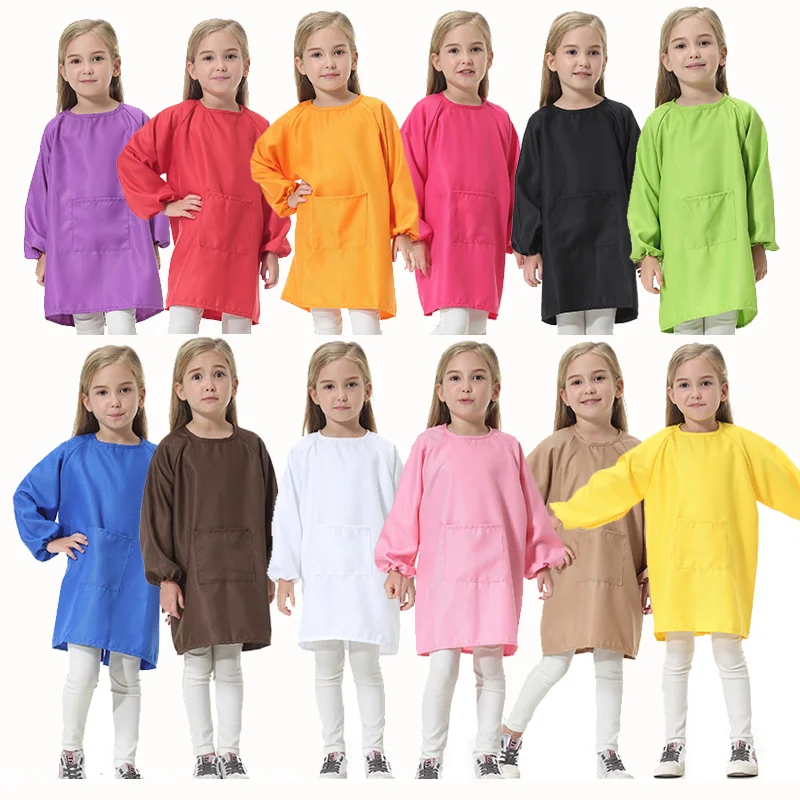 Custom Logo Pure Color Polyester Waterproof Long Sleeves School Kids Painting Art Children Smock with Pockets For Girl Boy