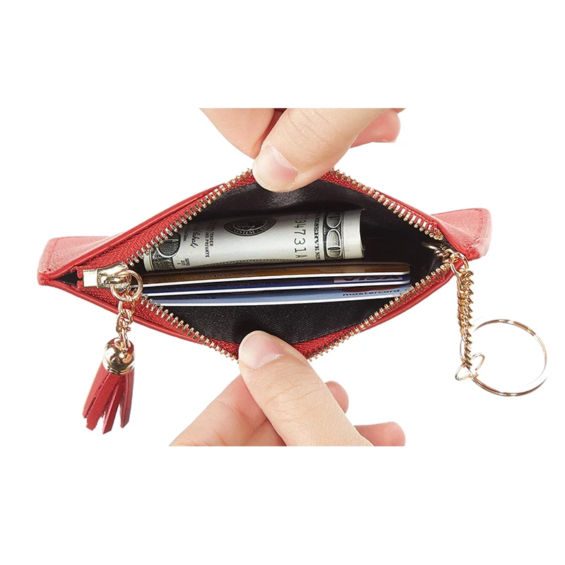 Coin Purse Change Wallet Pouch Leather Card Holder with Key Chain Tassel Zip