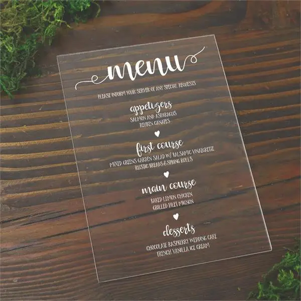 Acrylic custom made menu for Bar and Wedding, Customizable UV Printed Acrylic Wedding Menus