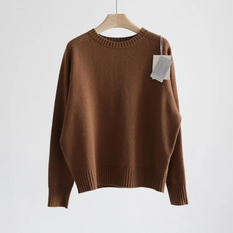 350G 100% Wool Winter 12-pin Round Neck Seamless Sweater Loose Solid Color Pullover Top Long Sleeved Thickened Knitted Sweater