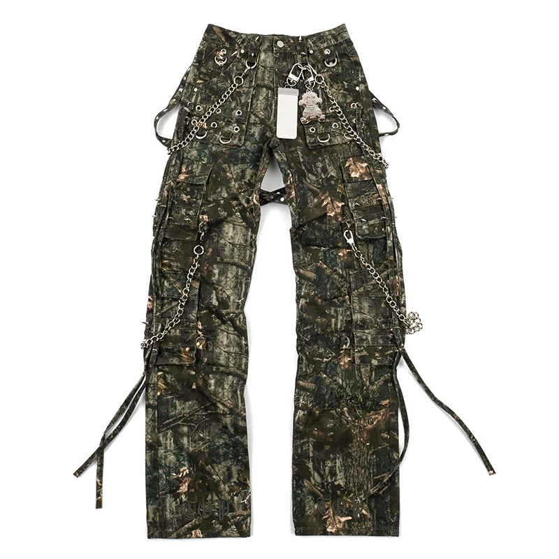 YSJY high street cargo denim pants custom logo pocket cargo jeans men camo real tree print stacked jeans for men