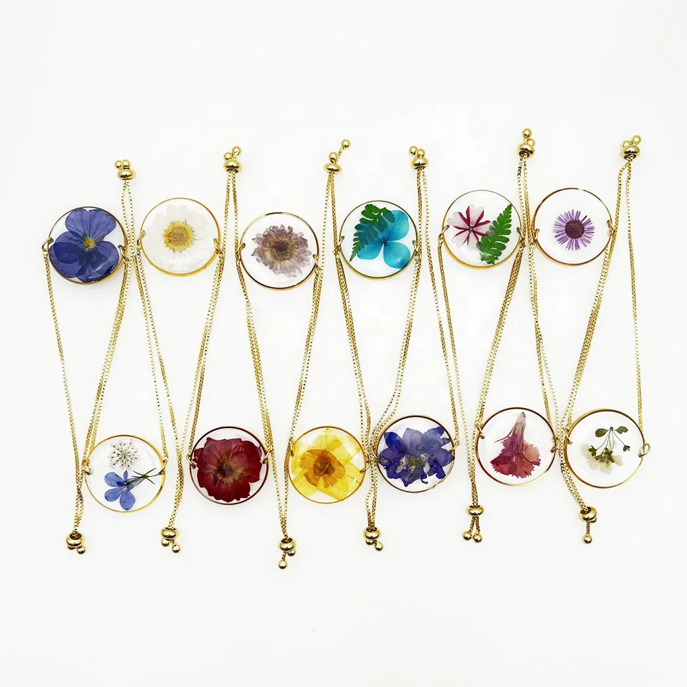 Best Graduation gift 2024 Gold Plated fashion jewelry resin epoxy dry pressed floral Birth Month Flowers bracelet women
