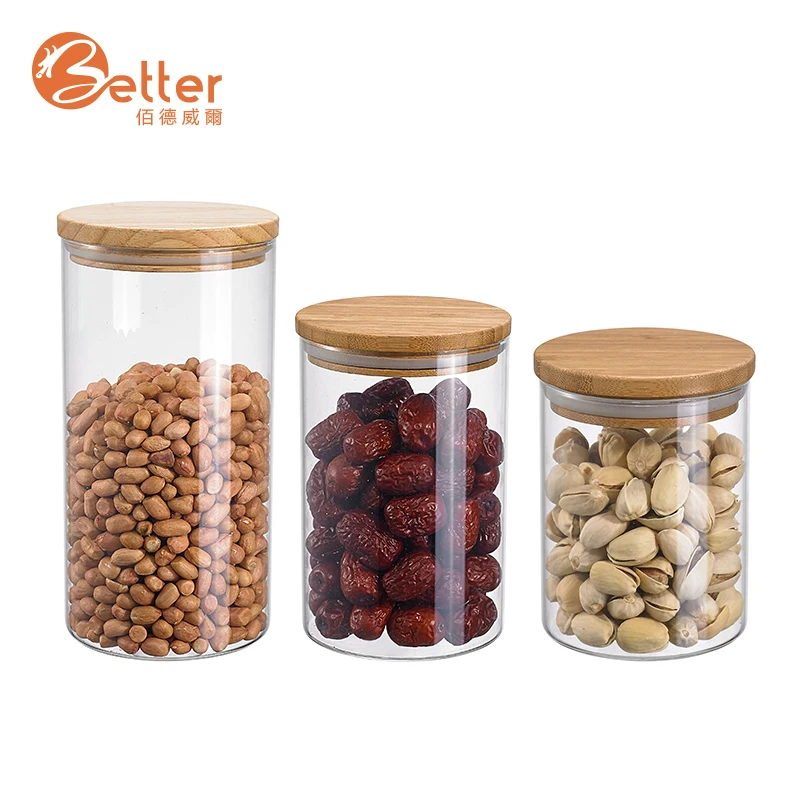 Home Kitchen Glass Spice Jar Set 600ML 900ML 1200ML Coffee Bean Storage Container Jars Vacuum Seal Glass Jars With Wood Lid