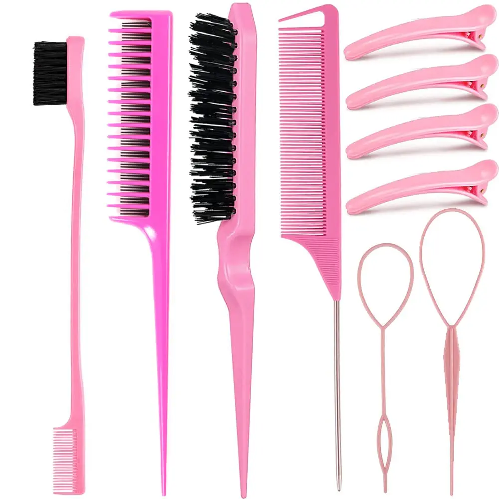 10 Pieces Hair Styling Comb Set Teasing Hair Brush Triple Rat Tail Combs Edge Brush Braid Tool Loop with Hair Clips