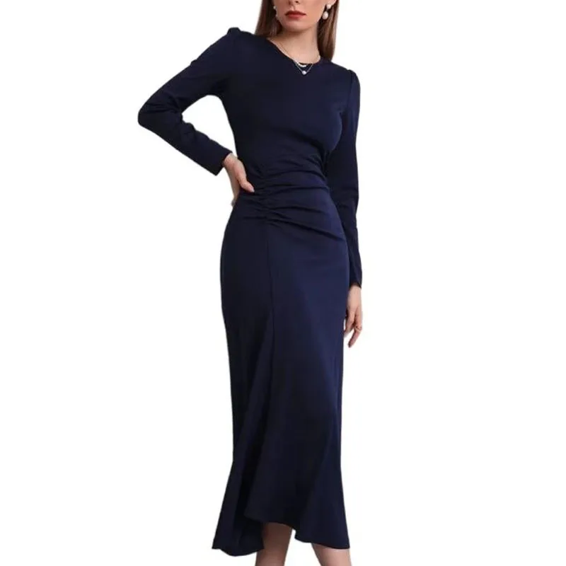 2022 New design long sleeve round collar solid color ruffle front professional dress for women