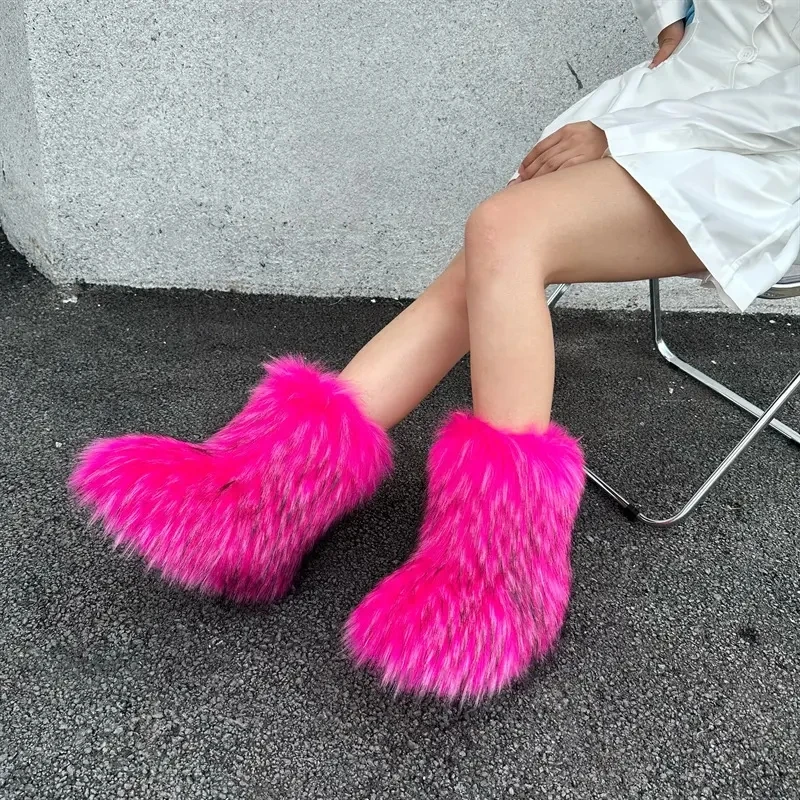 2024 Winter Women Plush Warm Snow Bootas Fluffy Faux Fox Fur Boots Luxury Footwear Furry Fur Boots