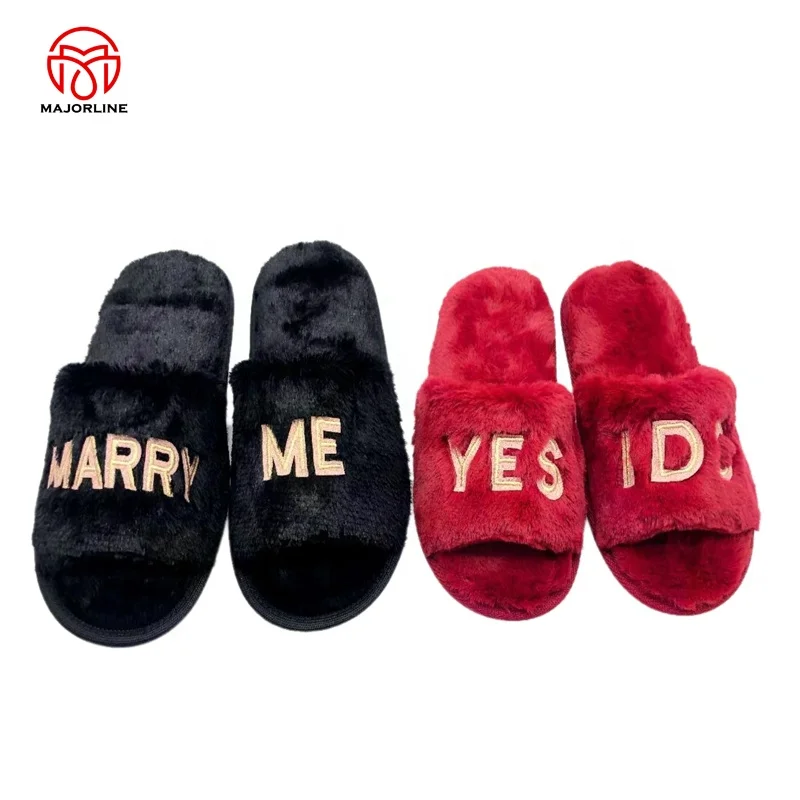 OEM full customized Winter Plush Furry one band Open Toe Indoor embroidery Logo  Warm Faux Rabbit Fur Women Cozy Slippers