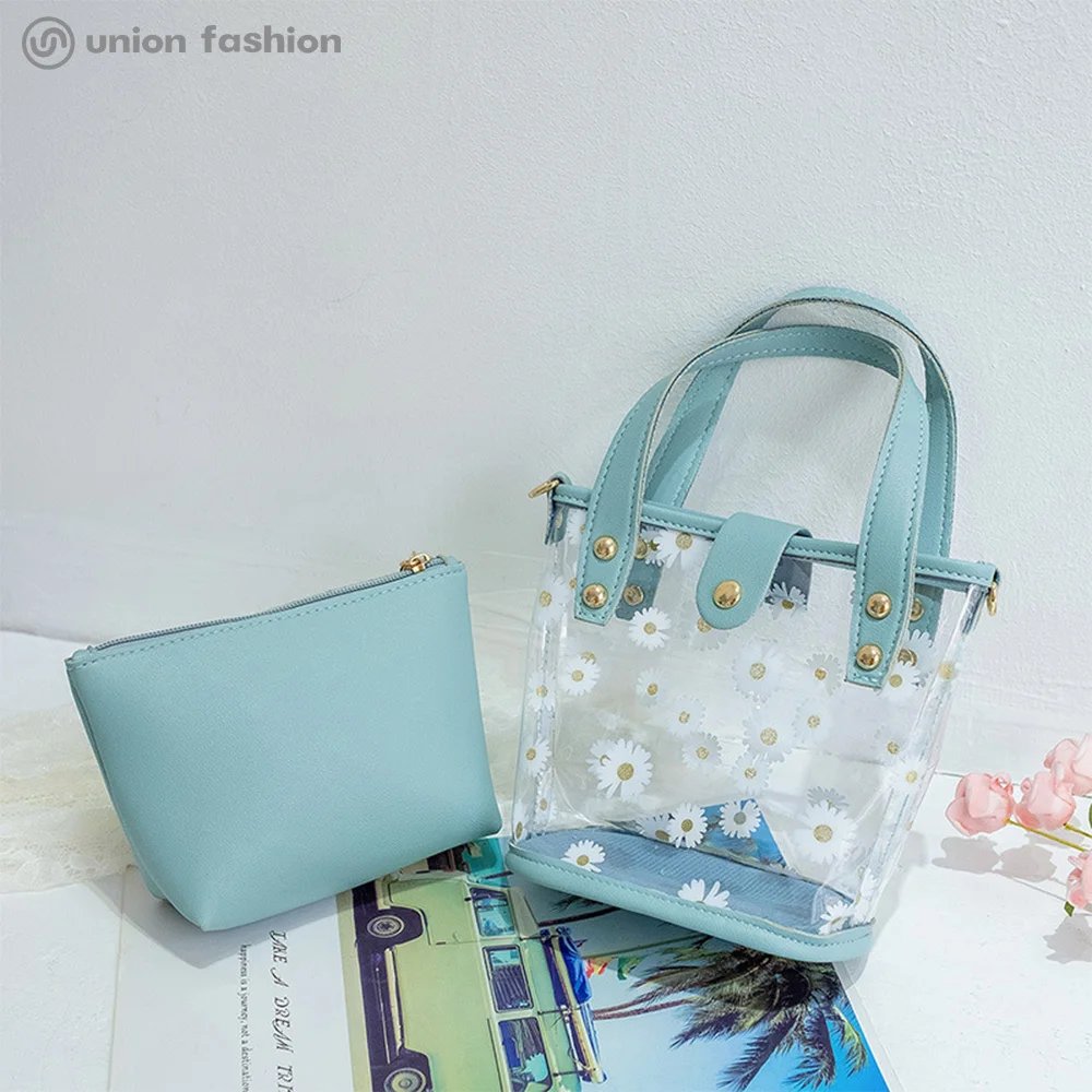 
Hot Selling Women Clear PVC Daisy Print Shoulder Crossbody Bucket Bags Handbags With 