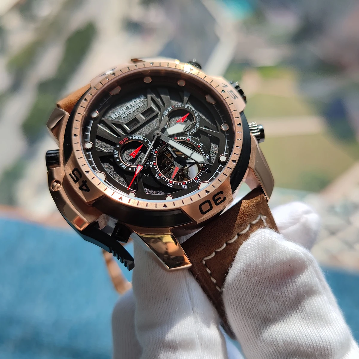 
Reef Tiger Sport Watch Complicated Dial with Year Month Perpetual Calendar Big Steel Case Watches RGA3532 