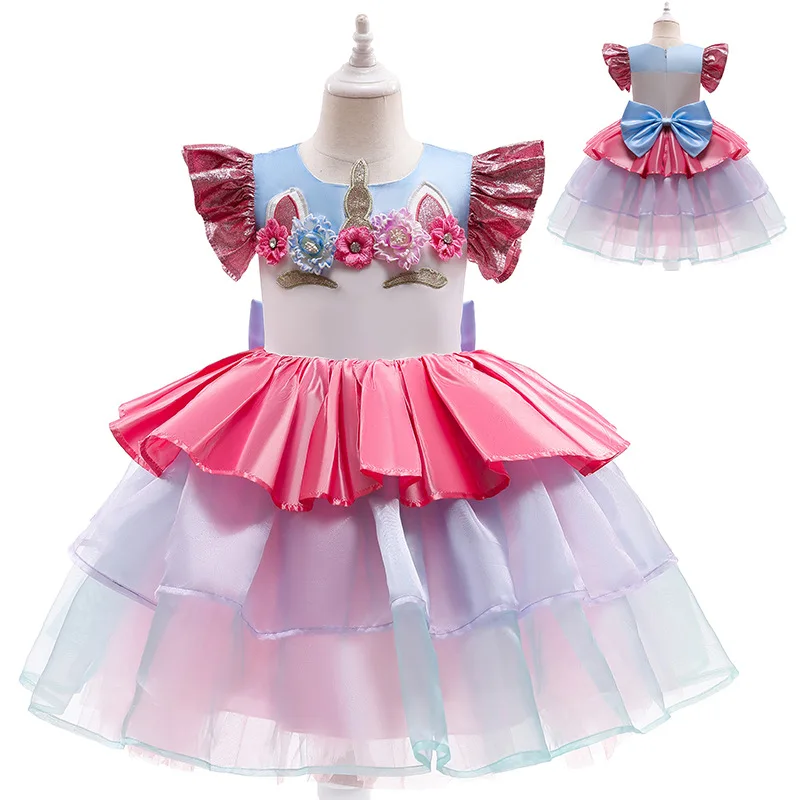 New Girl Rainbow Unicorn Dress For Kids Embroidery Ball Gown Baby Girl Princess Birthday Dresses Party Costume Children Clothing