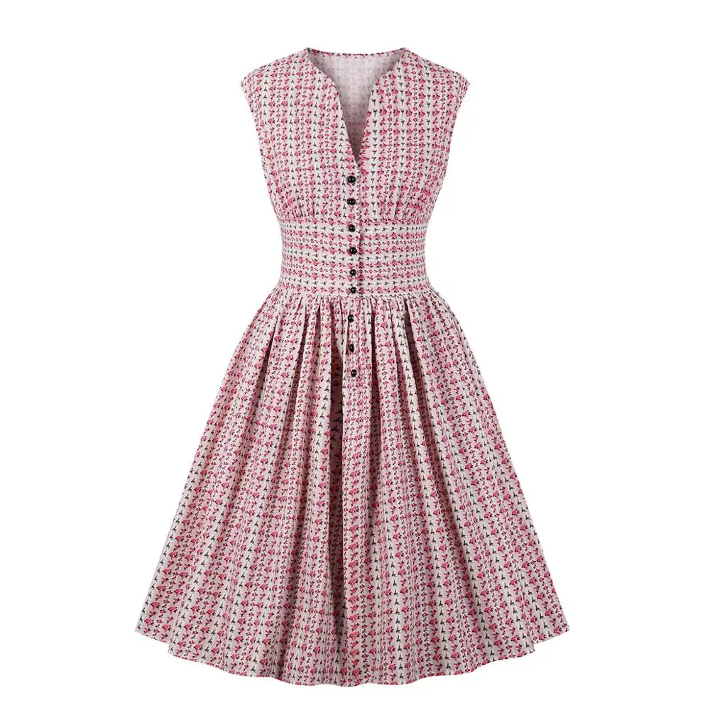 China Factory Direct Sale v-neck sleeveless  single-breasted vintage elegant floral pleated office party  dress