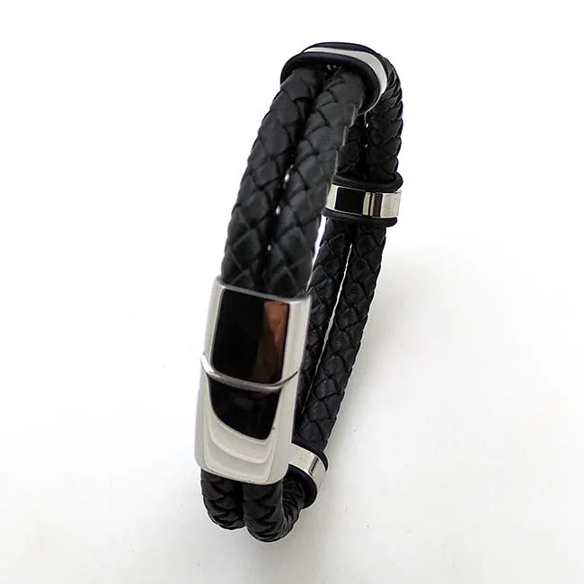 Stainless Steel 3 Rings Genuine Leather Bracelet For Men