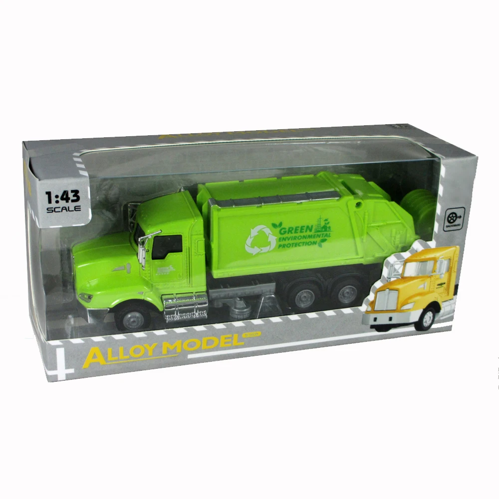Newest Arrival 1:43 metal truck vehicle Green cleaning car Diecast friction toy vehicle pull back orange garbage truck toy
