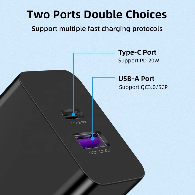 Mobile Phone Accessories Dual Ports Wall Charger PD 20W Type C Power Charge Adapter QC3.0 Fast Charging Wall Adapter Factory