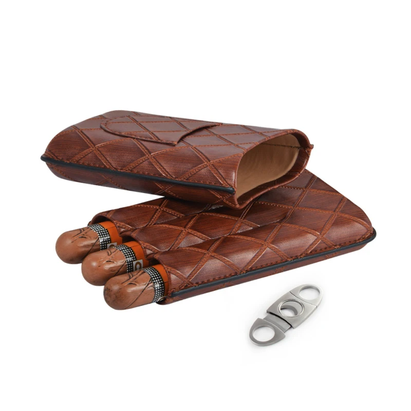 Wholesale Luxury Gift Portable Travel  Brown Leather 3-Finger Cigar Humidor Case