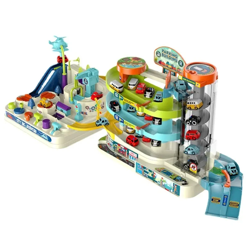 Kids DIY 2 In 1 Car Adventure Assemble Educational Rail Toy Building Seven Storey Traffic Rotary Elevator Track Toys Set