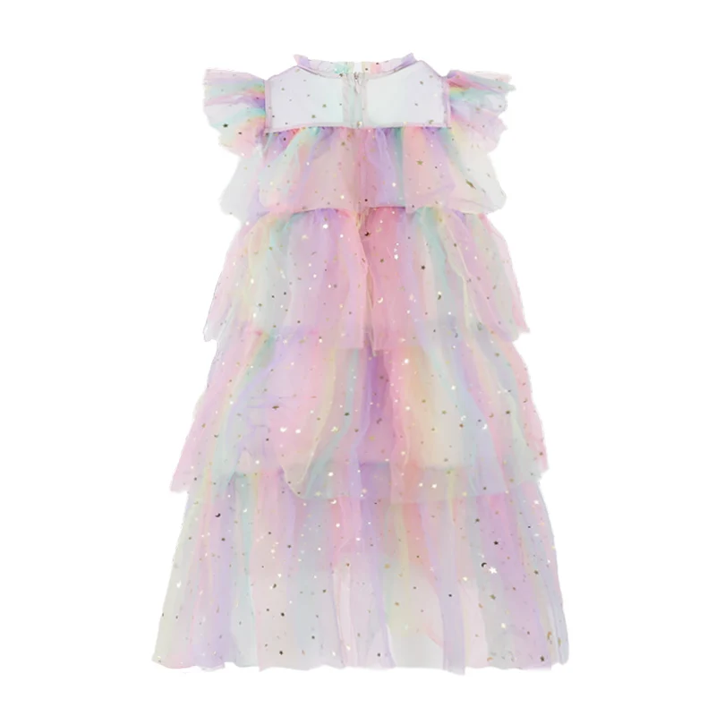 Custom Fly Sleeve Star Print Rainbow Layered Tulle dress for girls