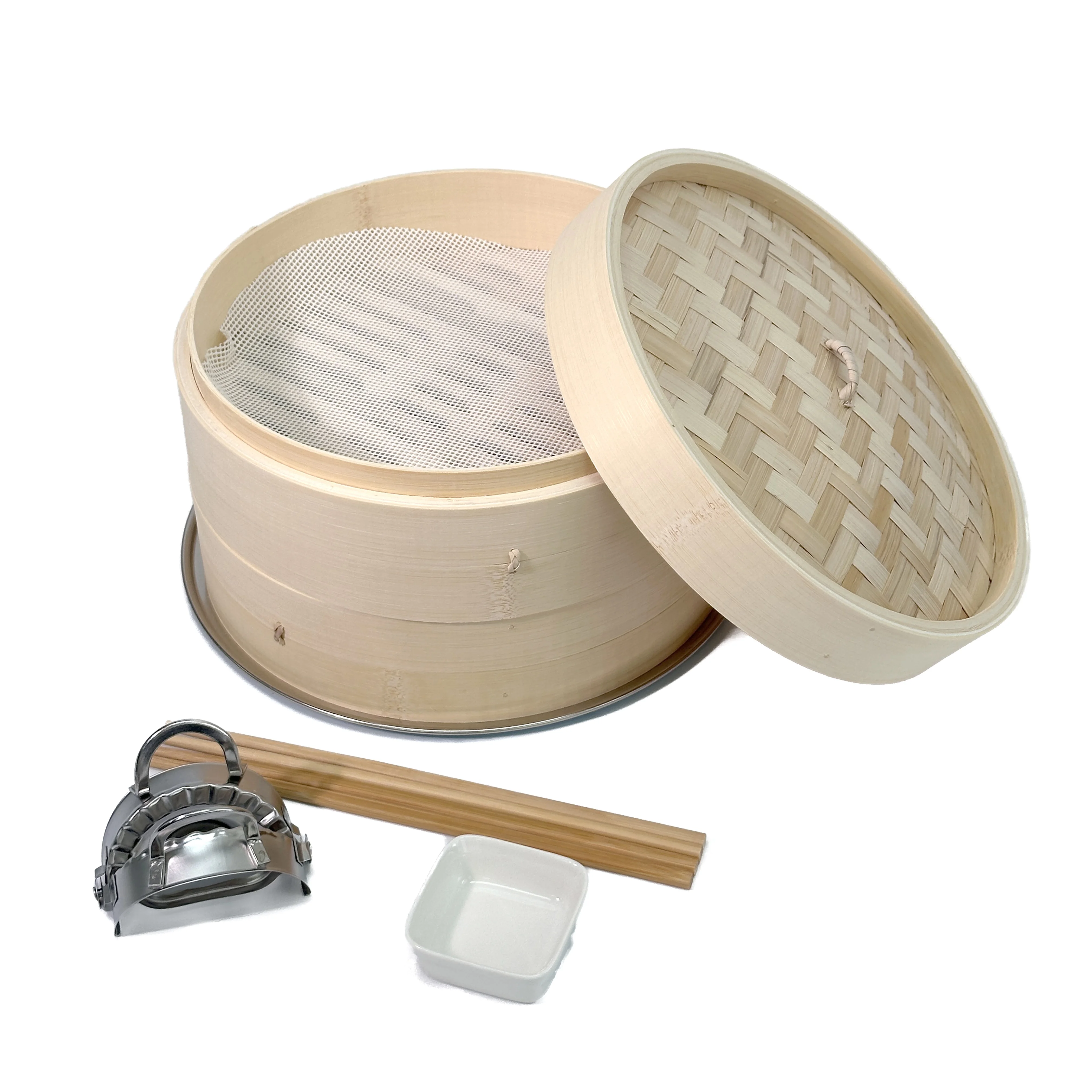 10' bamboo steamer 1 lid 2 layers with steel ring, dish bowl, chopsticks and mats