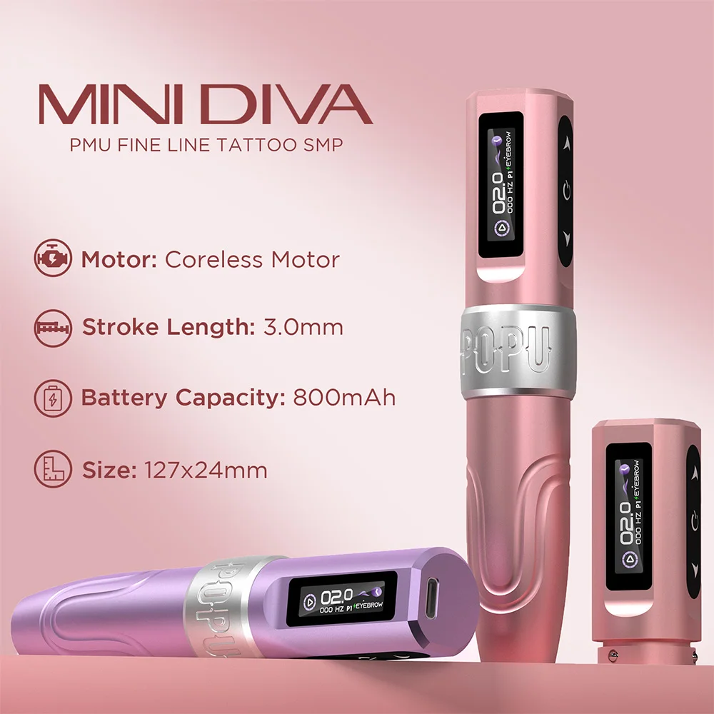 2024 POPU Mini Diva Ультра низкое напряжение 2 В дополнительный аккумулятор Перманентный макияж машина SMP профессиональная роторная PMU