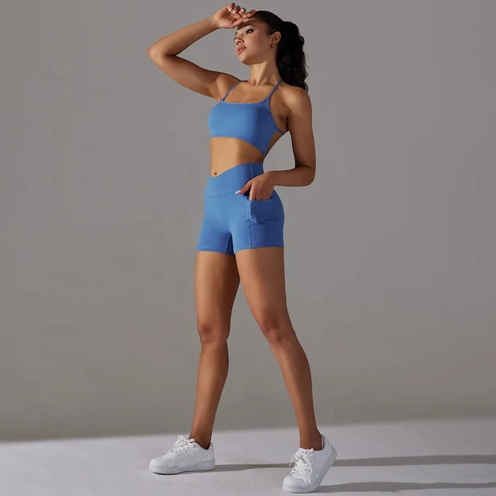 Women Yoga Outfits Sexy Cross Back workout clothes Suits Seamless Sports Bra High Crossover Waist Pockets Butt Lift Shorts Set