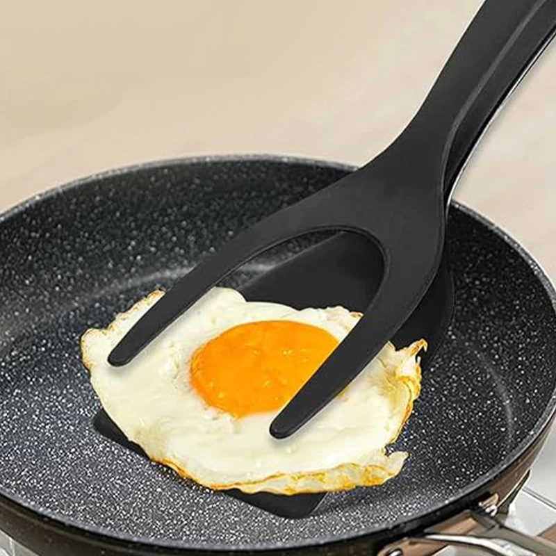 Multi Function Black Kitchen 2 in 1 Silicone Flip Fried Fish Egg Steak Double Spatula Food Tongs